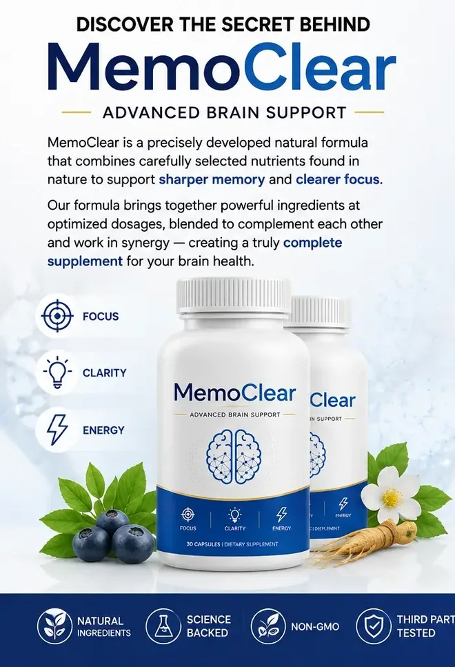 The MemoClear brand panel from the seller's material