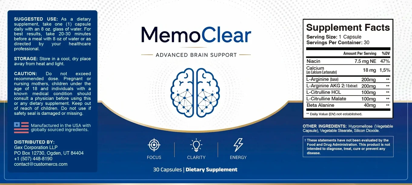 The MemoClear carton with its supplement facts panel facing the camera
