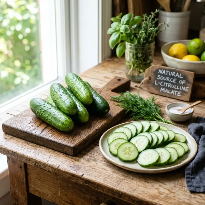 Cucumbers on a kitchen board, labelled a natural source of citrulline malate
