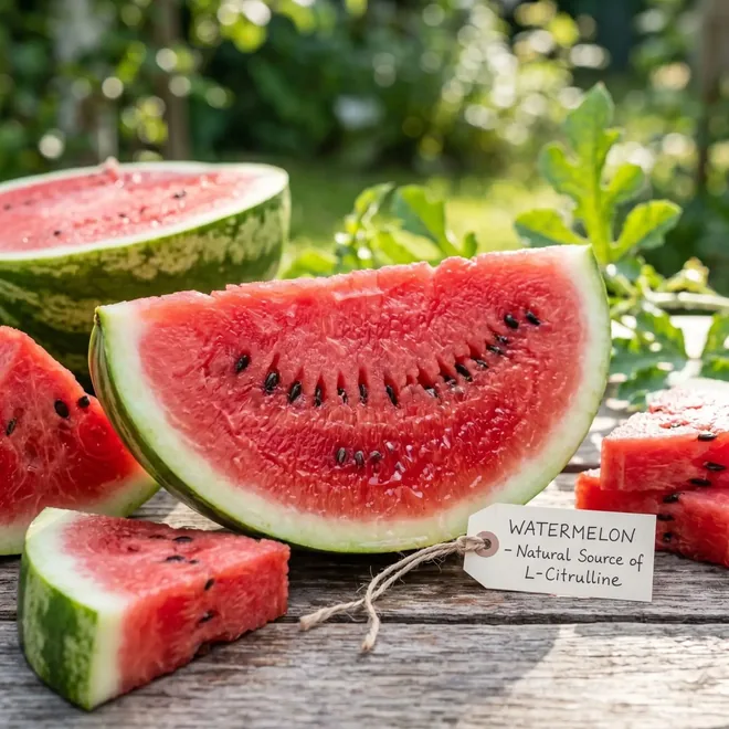 Slices of watermelon on a garden table, labelled a natural source of citrulline