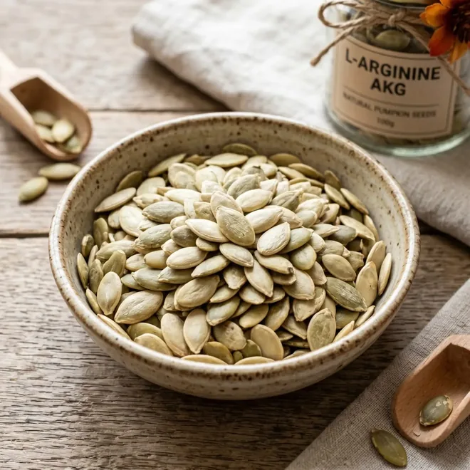 A bowl of pumpkin seeds next to a jar labelled L-arginine AKG