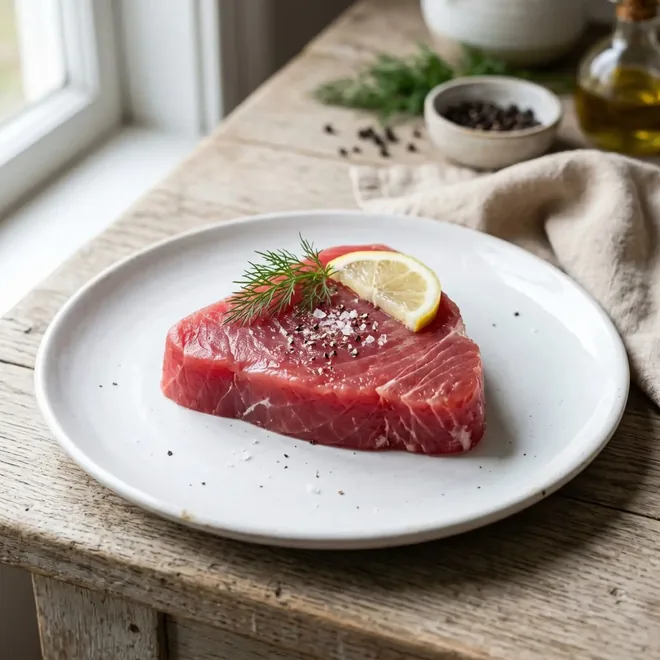 A tuna steak on a white plate, one of the foods that supply beta alanine